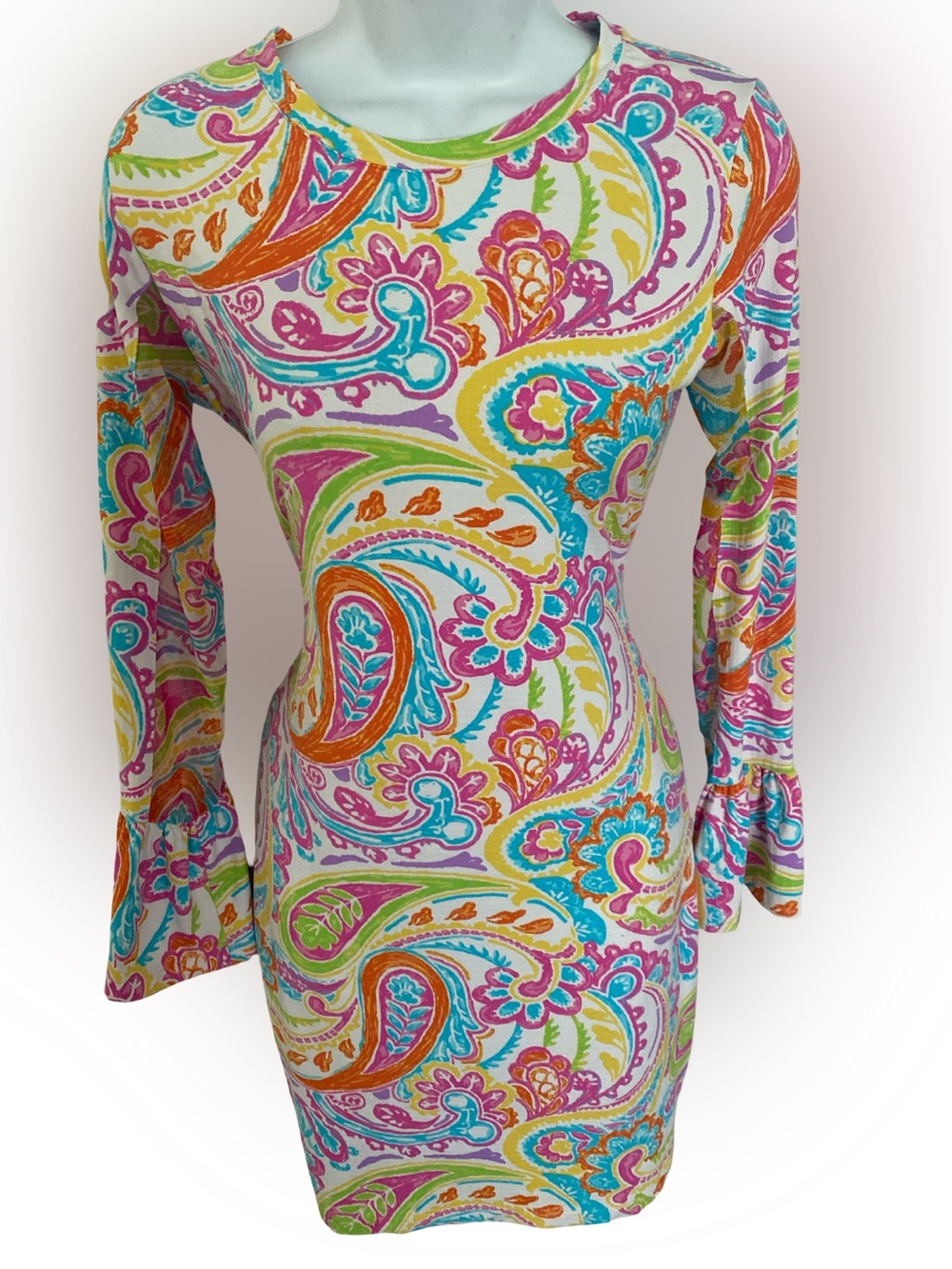 Ibkul UPF 50 Paisley Long-Sleeve  Dress - XS orange blue , nylon spandex